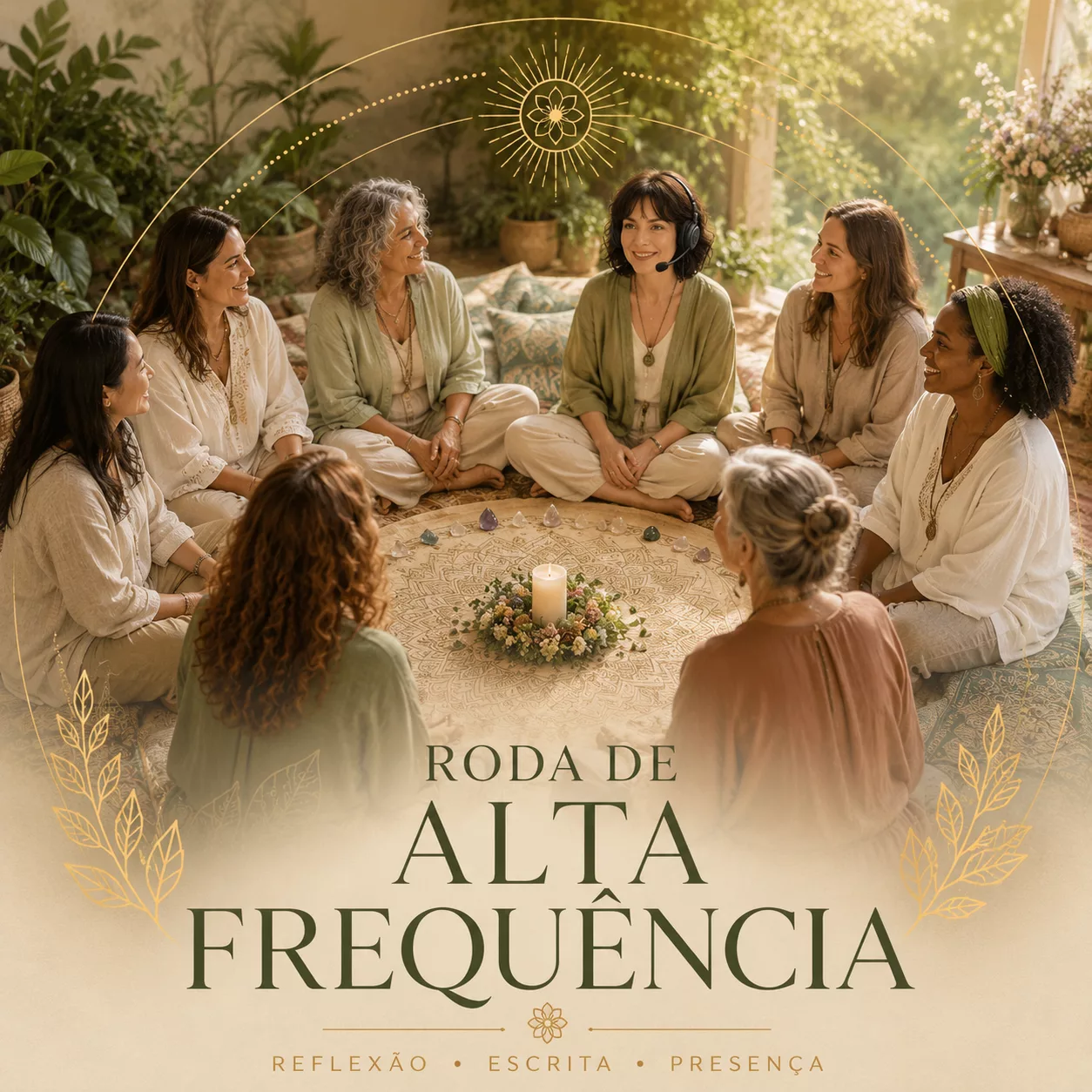 Roda de Alta Frequência — círculo de mulheres reunidas ao redor de um mandala e uma vela, com Tiffani conduzindo o encontro